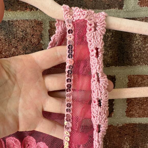 S/M Betsey Johnson Pink Mesh Peacock Vest Y2K Sheer Embroidered Festival Kawaii - Picture 5 of 6